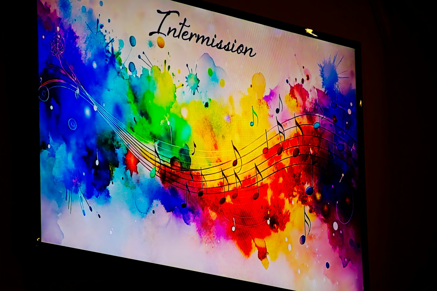 Digital graphic with musical notes and the word Intermission.
